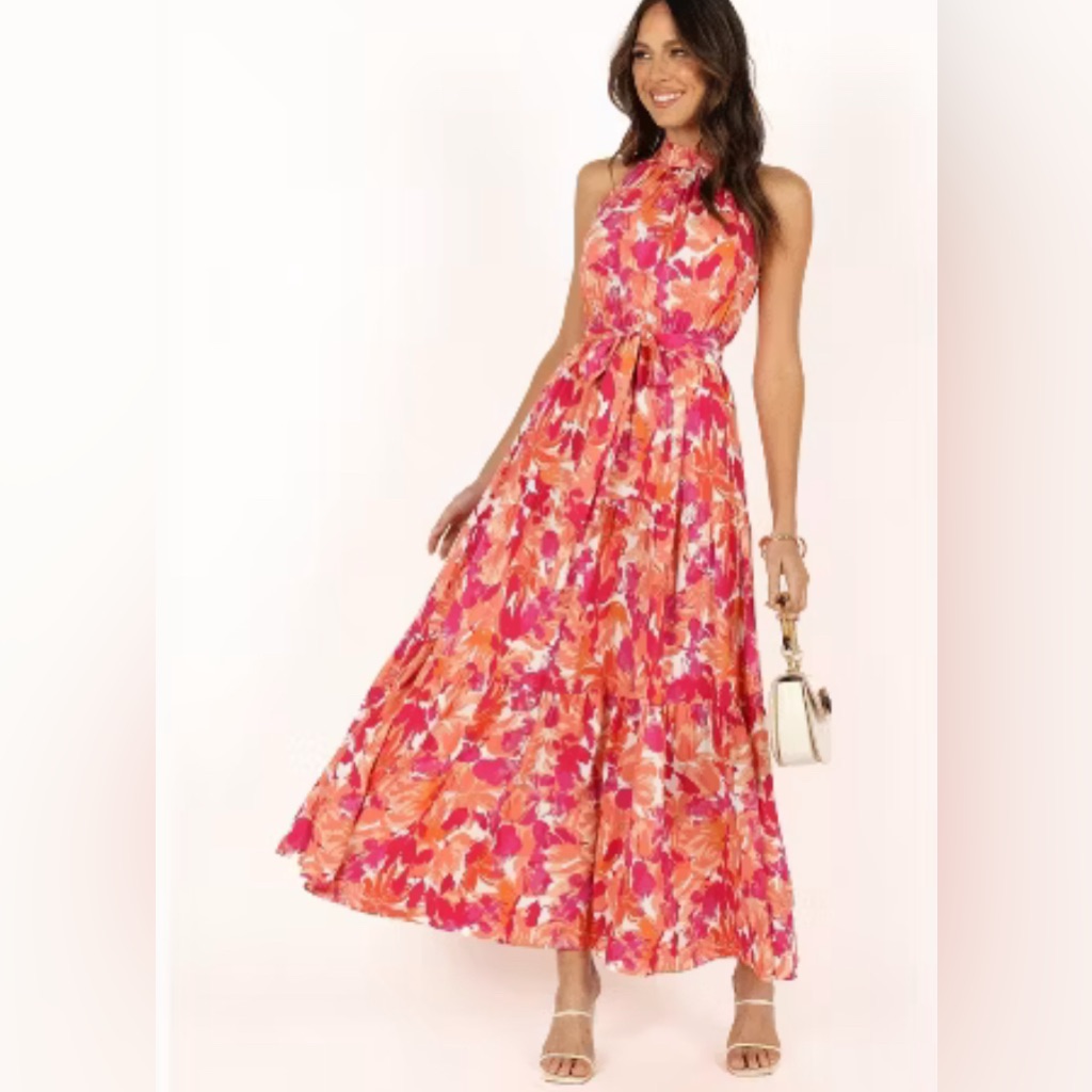 Petal & Pup Coral And Fuchsia Floral Halter Maxi Dress